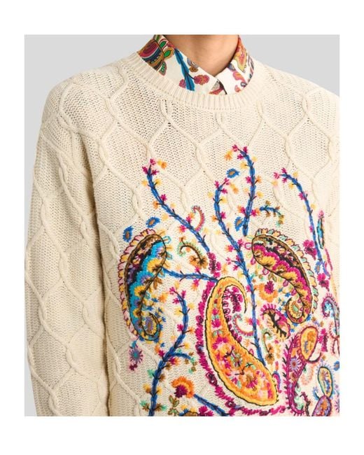 Etro White Cotton-Blend Sweater With Floral Paisley Embroidery