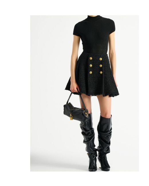 Balmain Black Flared Tweed Skirt