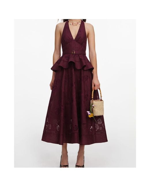 Self-Portrait Purple Floral-Embroidered Midi Dress