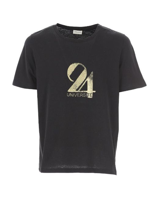 Saint Laurent Black Cotton Printed T-Shirt With Round Neck for men