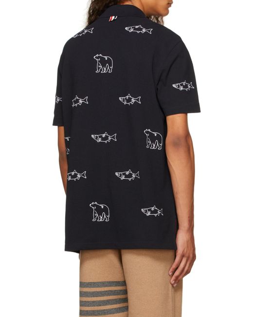 Thom Browne Blue Bear Fish Embroidered Polo Shirt for men