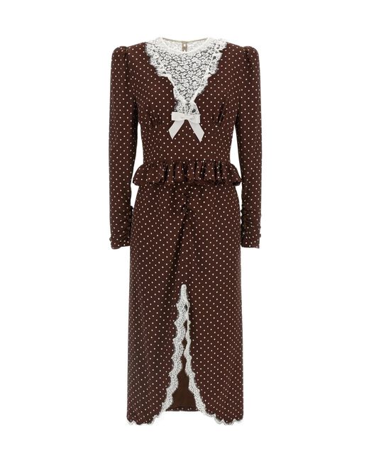 Alessandra Rich Brown Polka Dot Lace-Panel Midi Dress