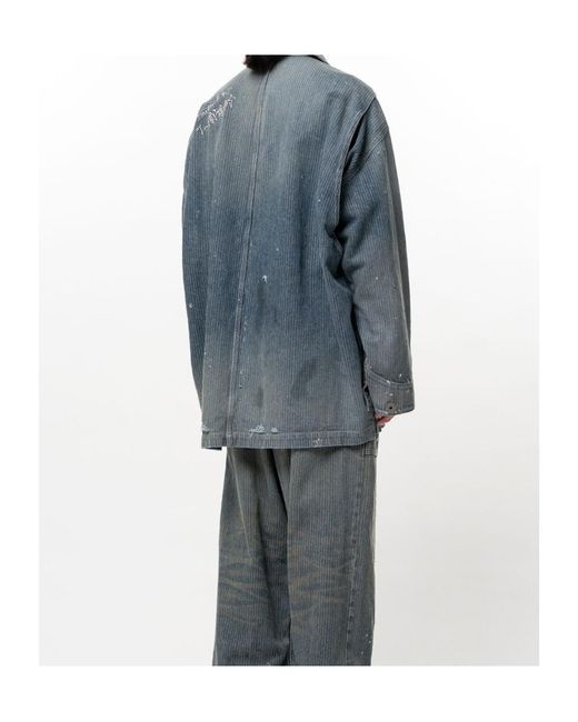 Maison Mihara Yasuhiro Blue Chore Stripe-Pattern Paint-Splatter Denim Jacket for men