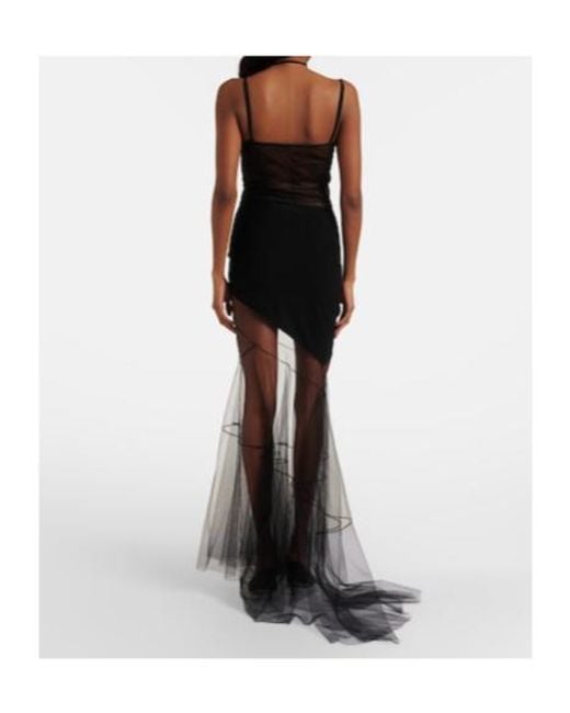 Nensi Dojaka Black Asymmetric Draped Sheer Maxi Dress