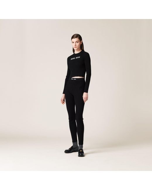 Miu Miu Black High Waist Logo Band Ribbed Leggings