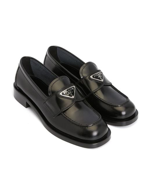 Prada Black Triangle-Logo Leather Loafers