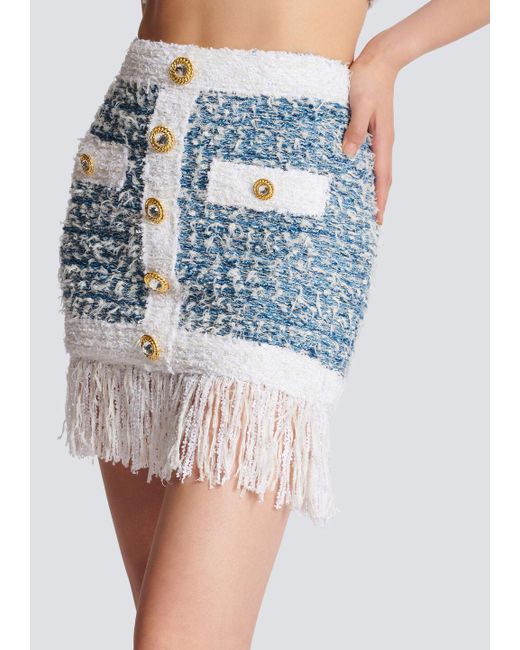 Balmain Blue Buttoned Denim Fringed Tweed Mini Skirt