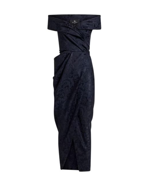 Etro Blue Jacquard Off-The-Shoulder Evening Dress