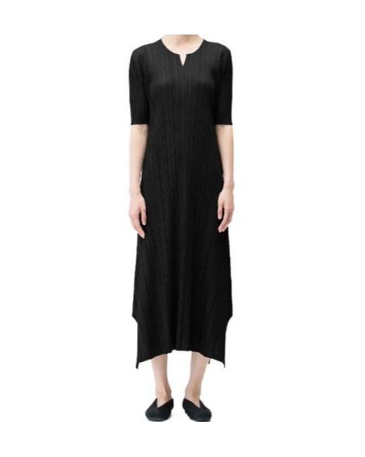 Pleats Please Issey Miyake Black Mellow Pleats V-Neck Asymmetric Dress