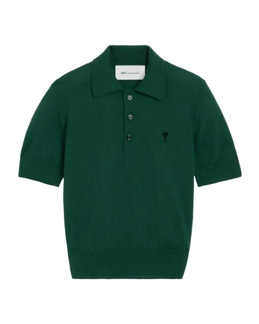 AMI Green Short-Sleeved Wool Knit Polo Shirt