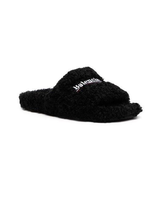 Balenciaga Black Logo Embroidered Furry Slide Sandals