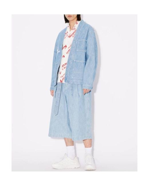 KENZO Blue Logo Embroidered Belted Kimono Jacket for men