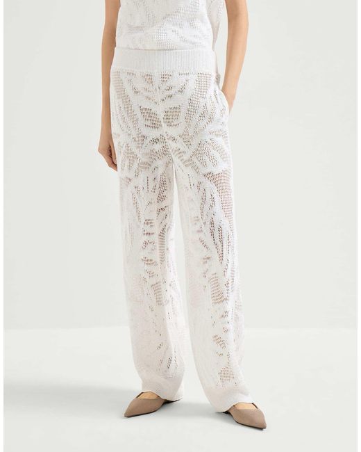 Brunello Cucinelli White Linen And Cotton Dazzling Water Lillies Knit Track Trousers