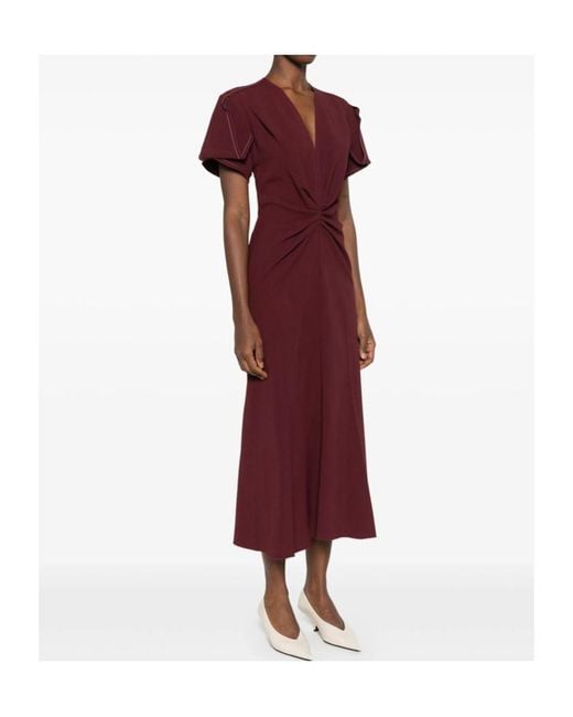 Victoria Beckham Red V-Neck Twist Detailed Midi Dress