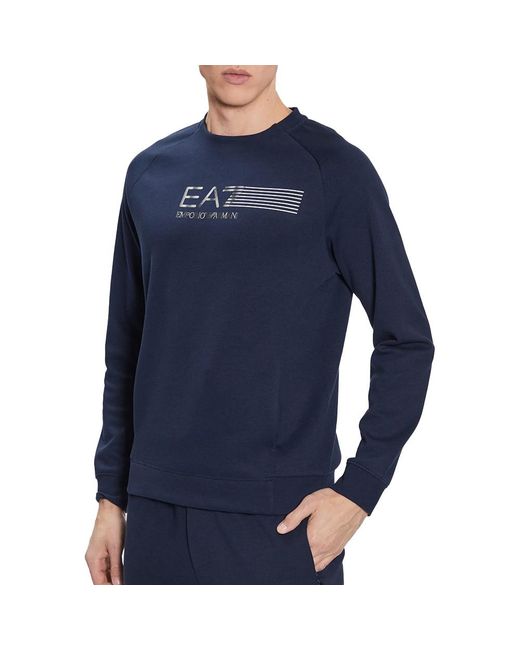 EA7 Blue Logo Printed Round Neck Sweater for men