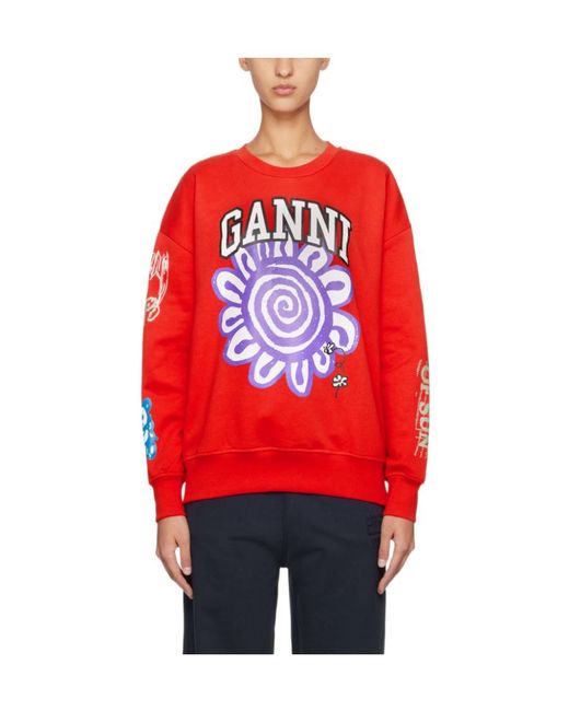 Ganni Red Floral Printed Crewneck Sweatshirt