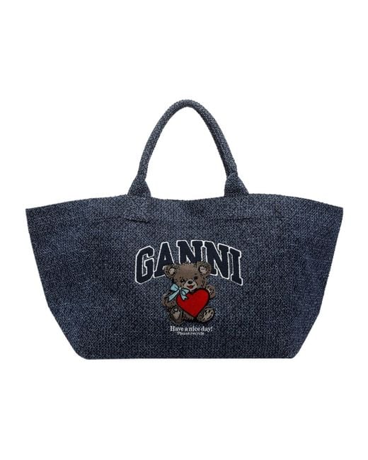 Ganni Blue Xxl Bear Embroidered Tote Bag