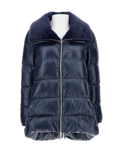 Herno Blue Faux Fur-Trim Padded Coat