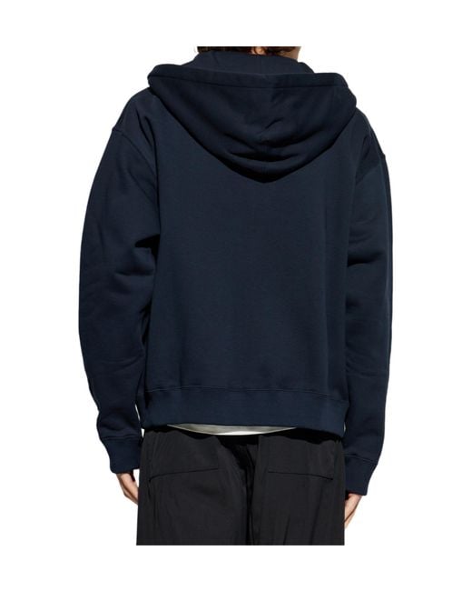 Jil Sander Blue Logo Embroidered Zip-Up Drawstring Hoodie for men
