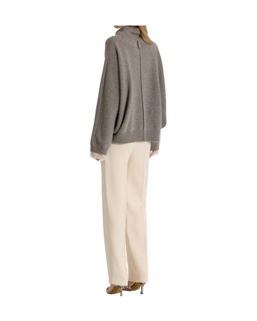 Alberta Ferretti Gray Cashmere Sweater With Contrasting Lace Cuffs