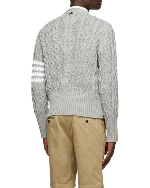 Thom Browne Gray 4-Bar Aran Cable Knit Cardigan for men