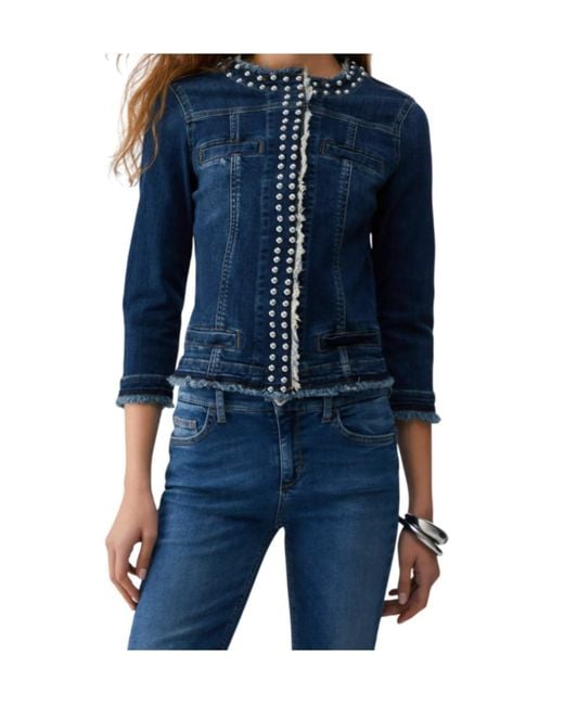 Liu Jo Blue Studded Fringed Denim Jacket