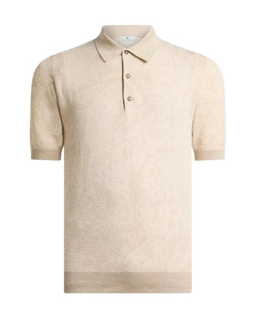 Etro Natural Knit Cotton Polo Shirt With Floral Paisley Motif for men