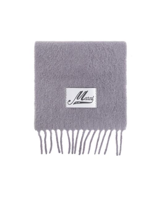 Marni White Logo Patch Fringed-Edge Scarf