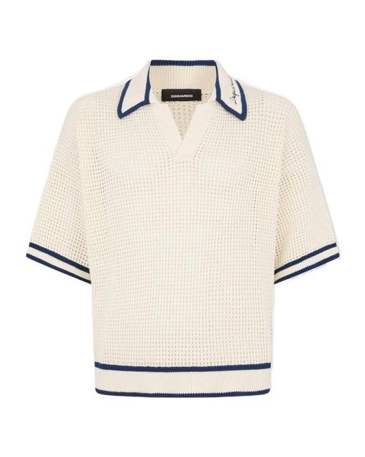 DSquared² White Open Knit Short Sleeve Polo Shirt for men