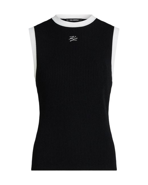 Karl Lagerfeld Black Ribbed-Knit Contrast-Trim Tank Top