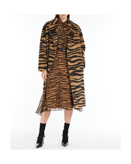 Max Mara Brown All-Over Printed Belted Long-Sleeved Dress