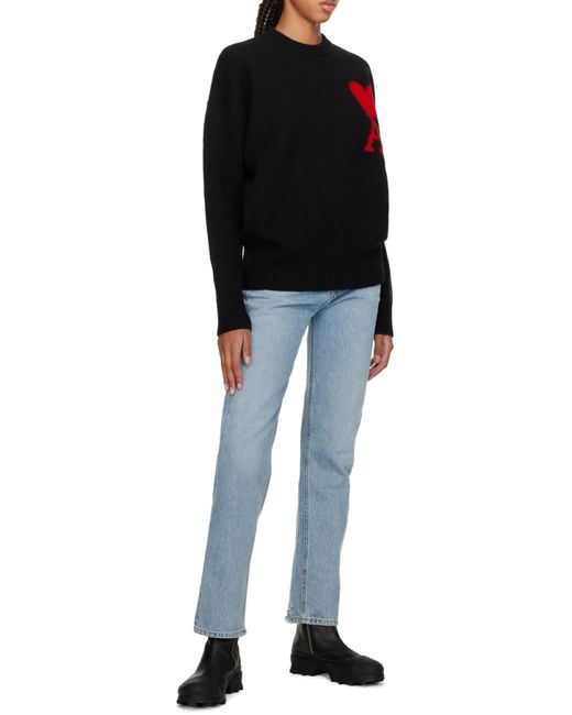 AMI Black Ami Logo Intarsia Crewneck Knitted Jumper for men