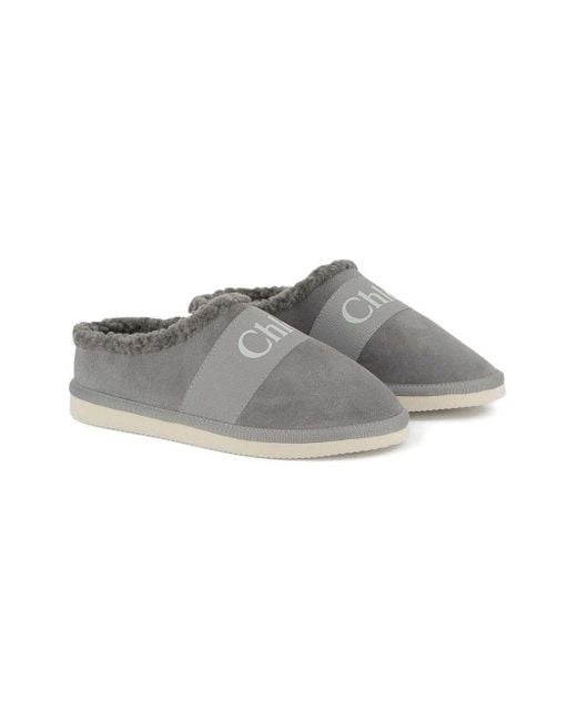 Chloé Gray Logo-Print Slippers
