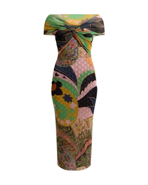 Etro Green Print-Detail Midi Dress