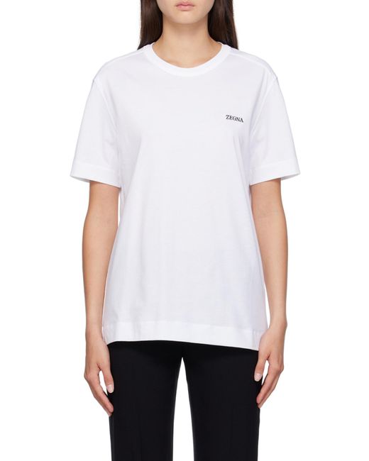 Zegna White Logo Embroidered Crewneck T-Shirt for men