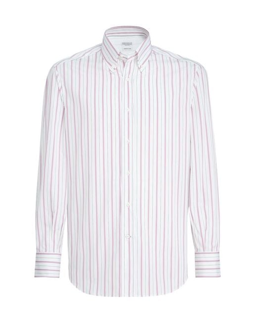 Brunello Cucinelli White Stripe-Pattern Button-Down Collar Shirt for men