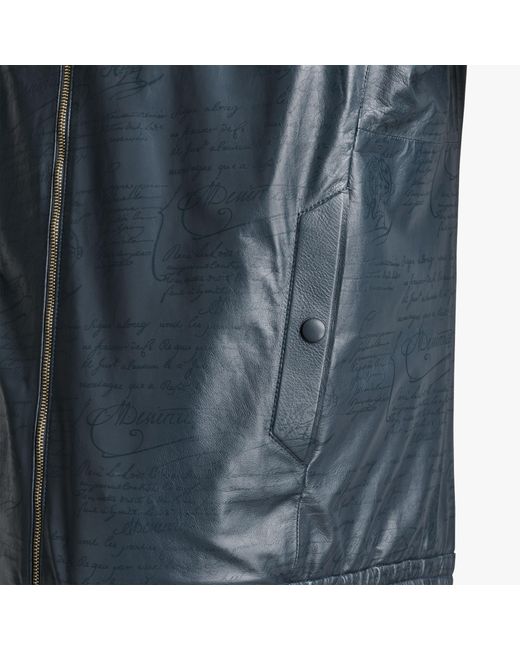 Berluti Blue Long-Sleeved Zipper Leather Jacket for men