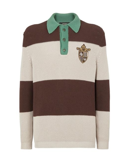 Fendi Brown Crest Embroidered Striped Knitted Polo Shirt for men