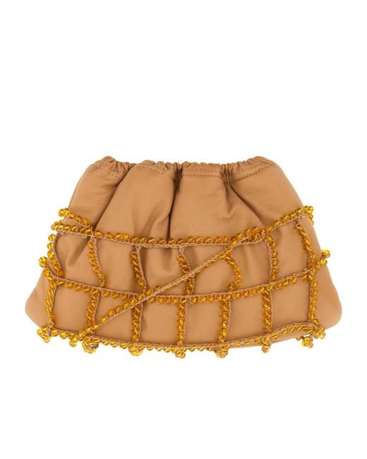 Alysi Brown Crochet Bead Embellished Medium Shoulder Bag
