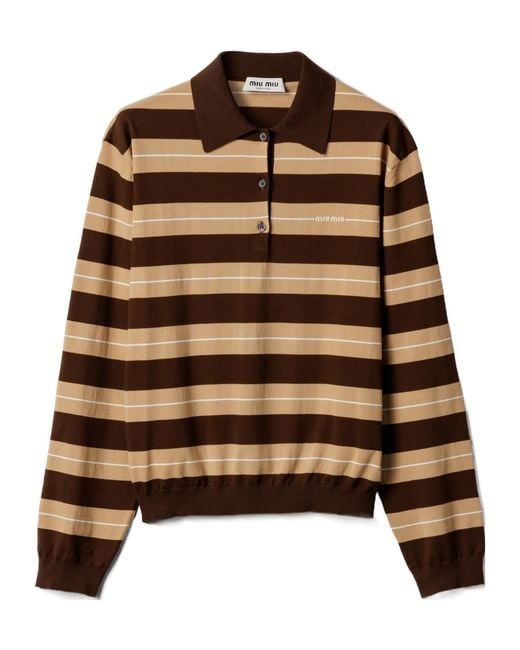 Miu Miu Brown Long-Sleeved Knitted Striped Polo Shirt