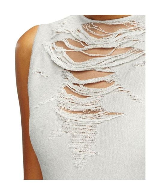 DIESEL White D-Yasmi Distressed Fringed Neckline Mini Dress