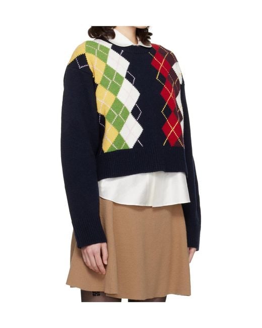 Ganni Blue Wool Blend Diamond Pattern Knit Sweater
