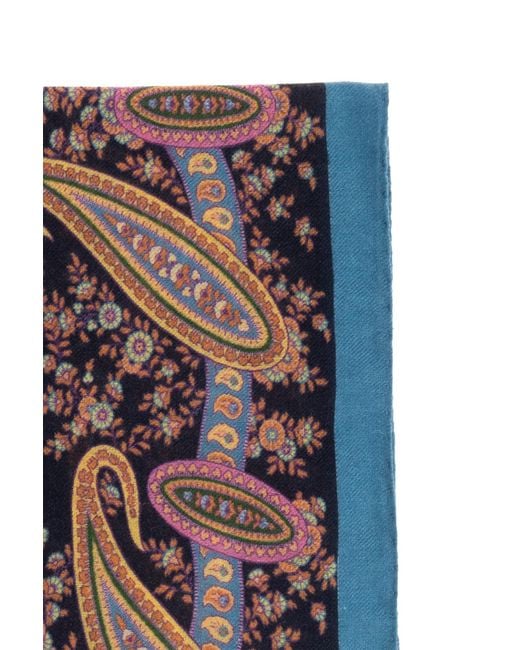 Etro Blue Paisley Printed Raw Edge Scarf