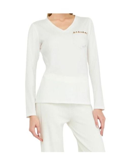 Liu Jo White Embellished V-Neck Long-Sleeved T-Shirt
