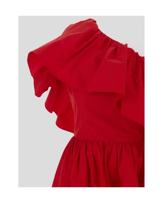 McQueen Red Asymmetric Ruffle Mini Dress
