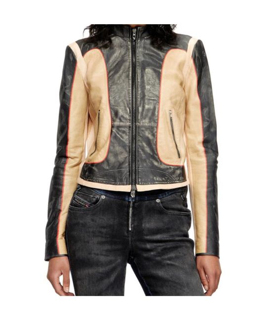 DIESEL Black Leather Jacket With Panel Design Loonie