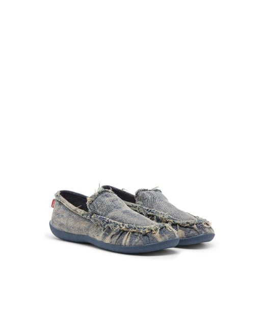 DIESEL Gray D-Shock Moc Frayed Denim Loafers for men