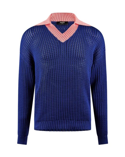 Fendi Blue V-Neck Knit Sweater for men