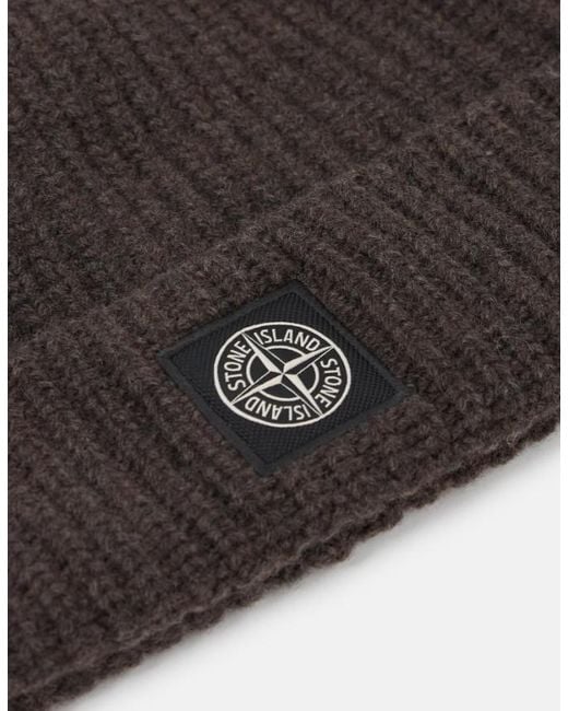 Stone Island Black Ribbed Knit Beanie With Compass Logo Patch for men