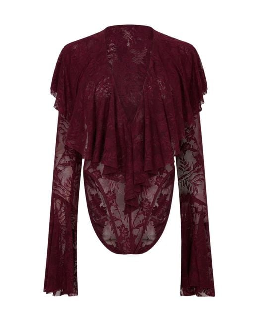 Norma Kamali Purple Long-Sleeved Deep V-Neck Ruffled Bodysuit